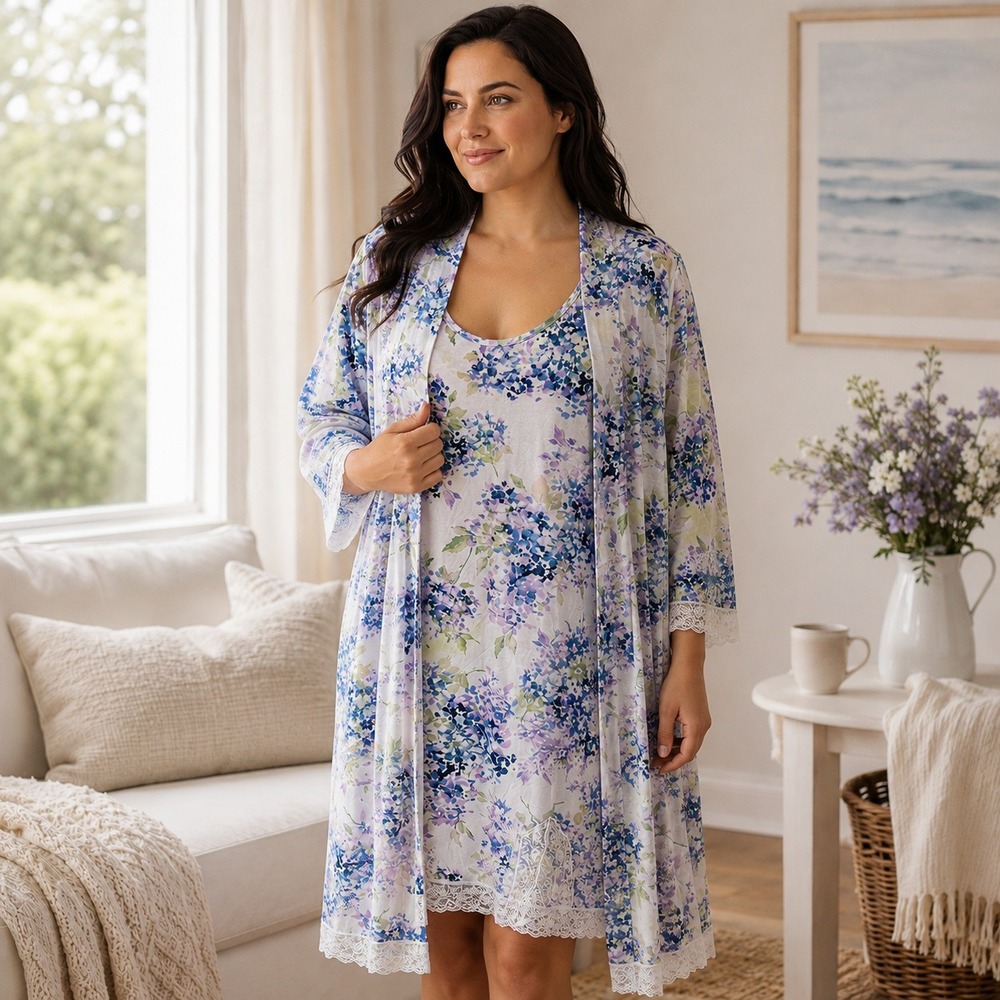 Soft Surroundings Tranquility Bamboo Robe & Nightgown M Soft Floral Sleepwear - Picture 1 of 15